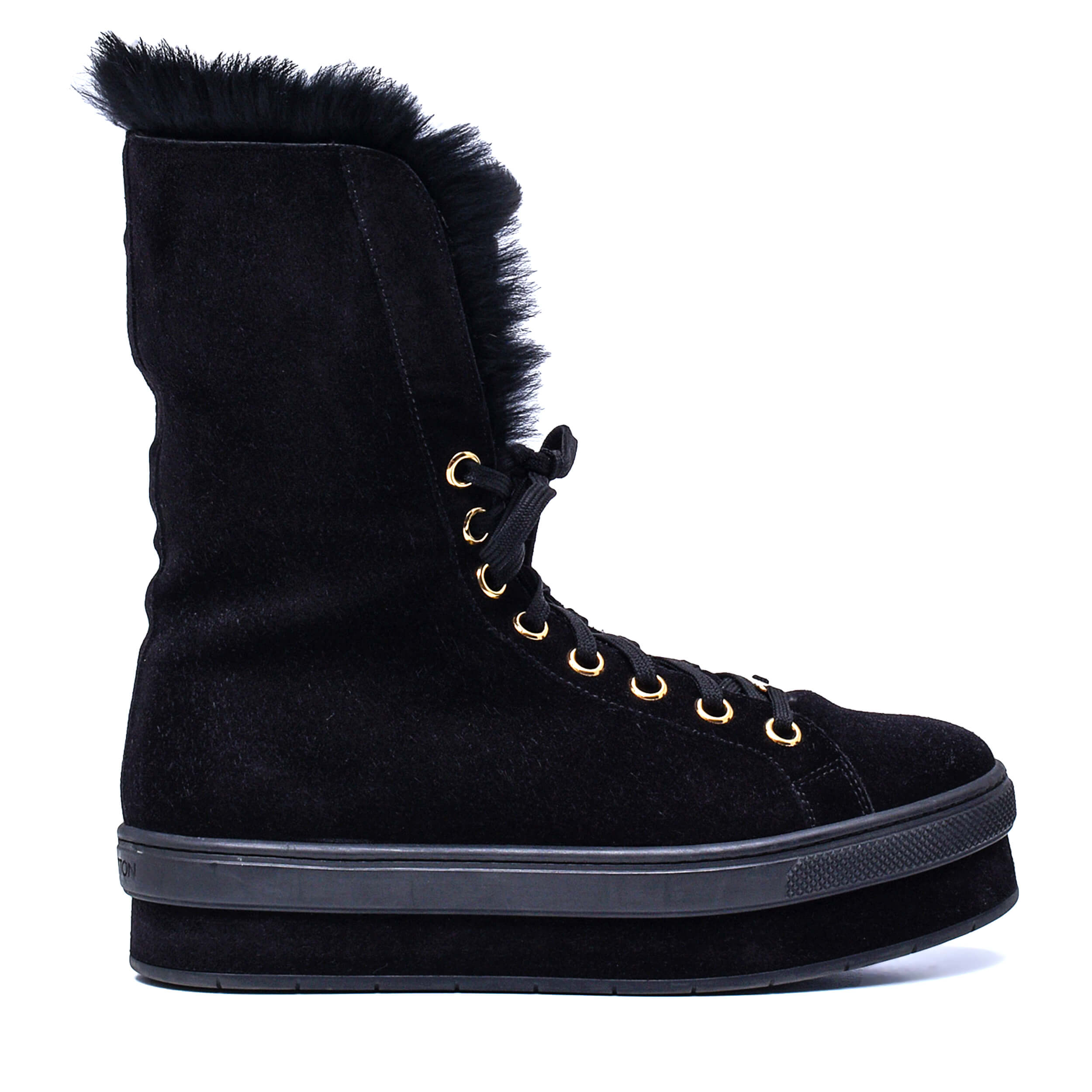 Louis Vuitton - Black Suede & Rabbit Fur Lace Up Jazzy Boots / 37